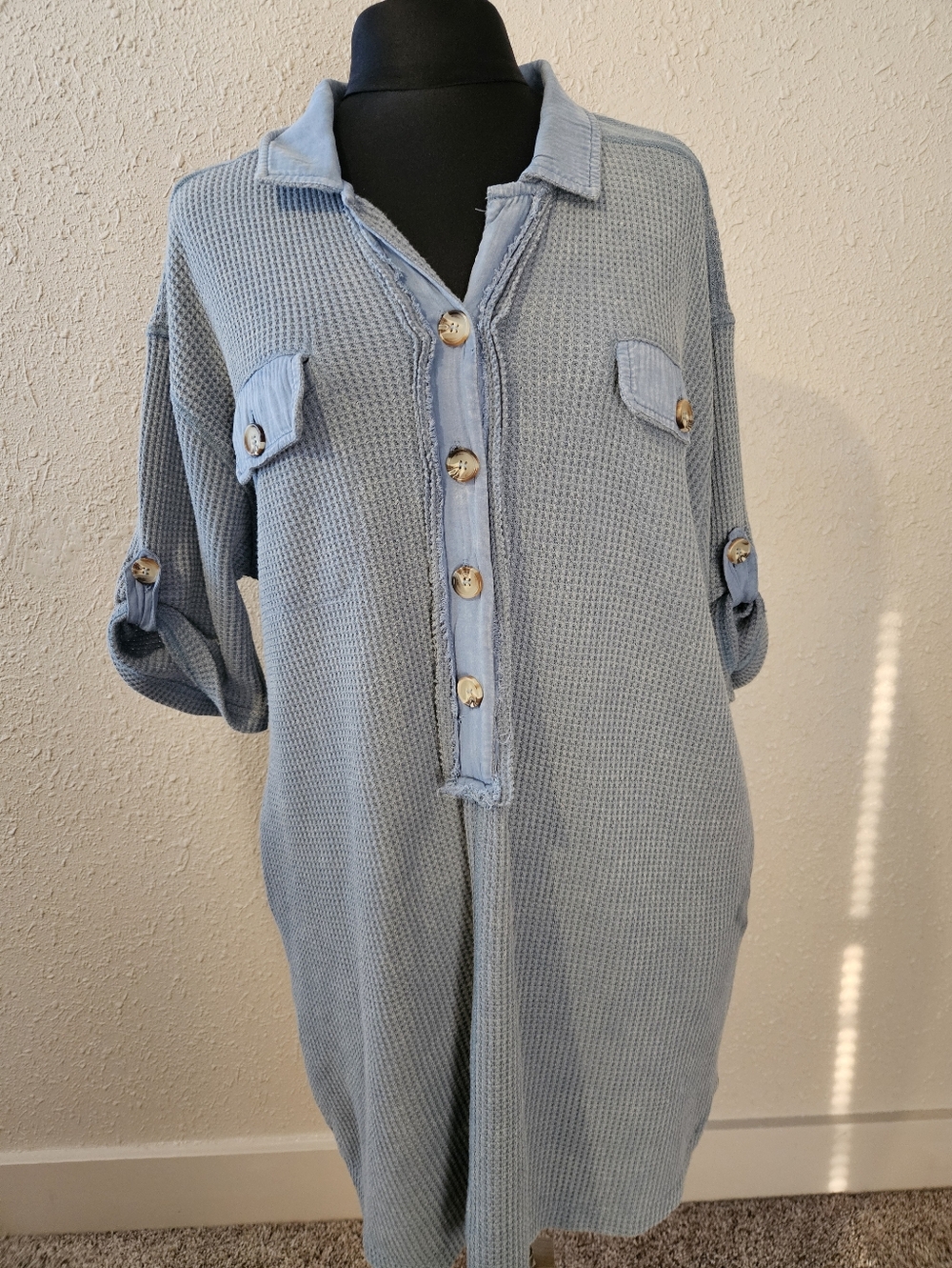 Light Blue Waffle Knit Button-Front Shirt Dress With Pockets!